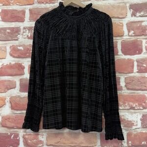 Jade Melody Tam Top Women's Medium Black Velvet Houndstooth Plaid Burnout Shirt